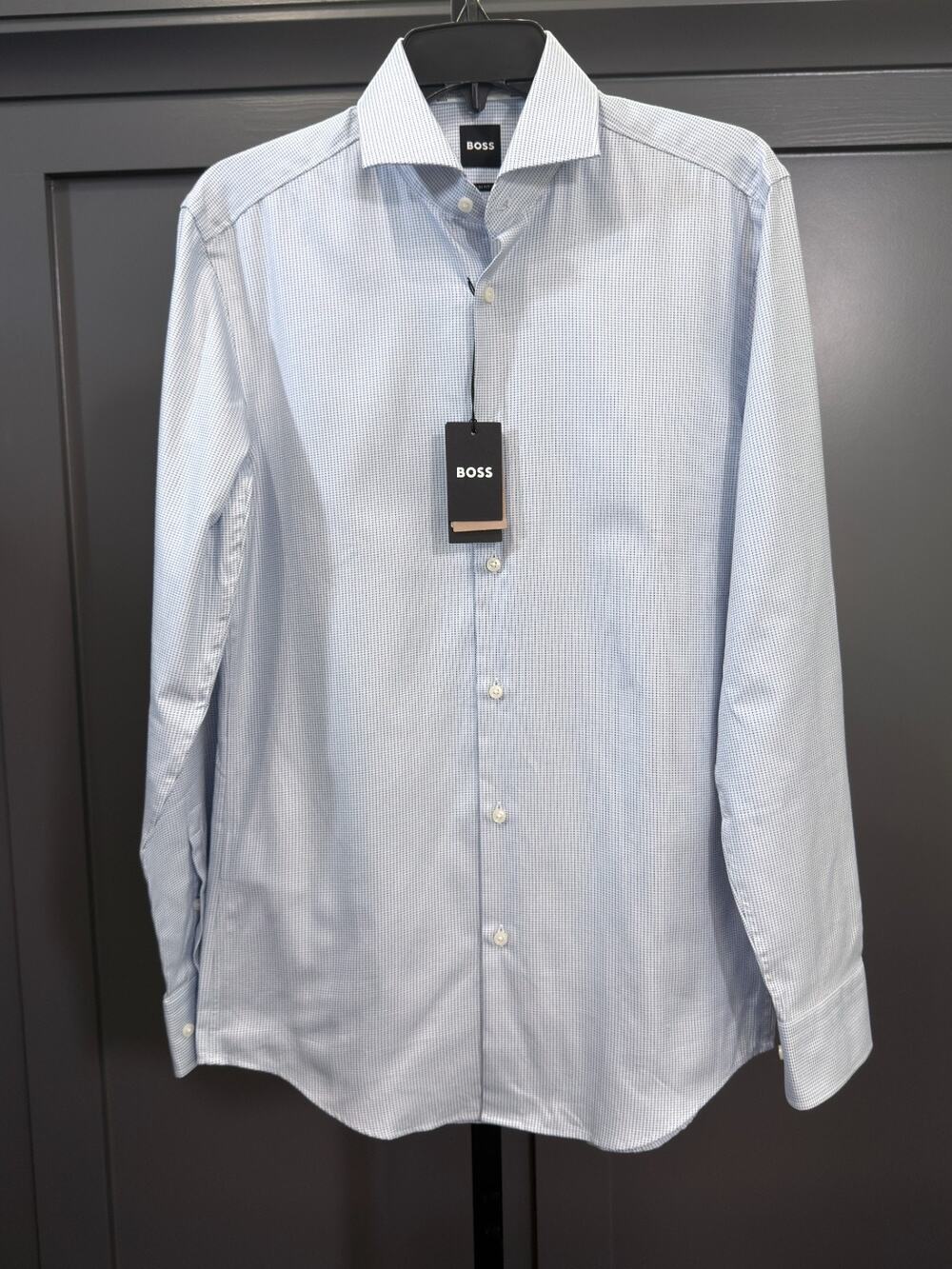 Hugo Boss Slim Fit Micro Check Dress Shirt Pastel Blue Size 15 (S) NWT